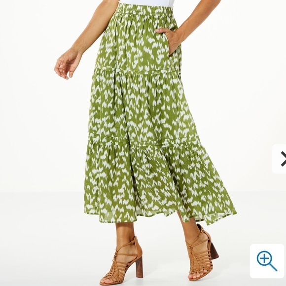 Antthony HSN Green White Ikat Print‎ 100% Cotton Tiered Skirt w/Pockets Sz L - Picture 2 of 13